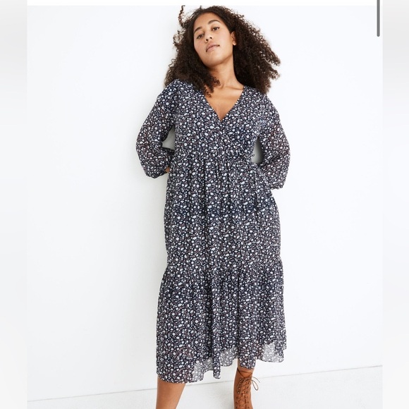 Madewell Navy Tie-Waist Midi Dress in Harvest Vine Floral Size Large MB212 - Picture 1 of 16